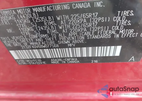 2011 Toyota Rav4 z USA, uszkodzony, nr VIN 2T3ZF4DV6BW077568